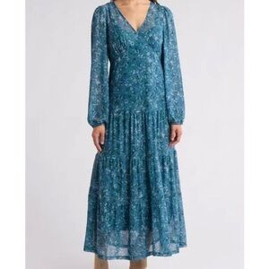 Lucky Brand Flowy Teal Floral Long Sleeve Maxi Dress | Size Medium